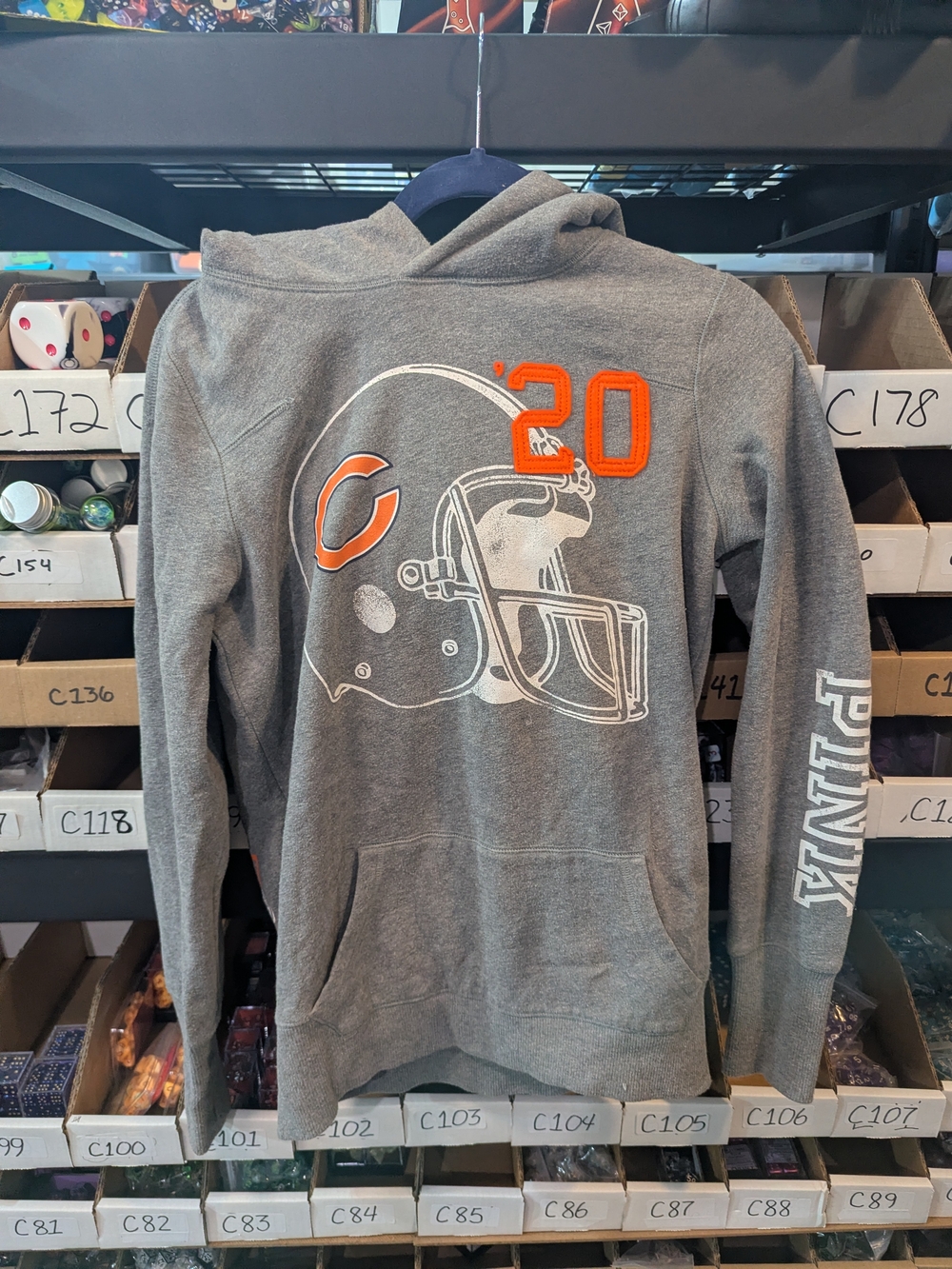 PINK Victoria's Secret Gray Hoodie with Orange '20' and White Helmet Graphic | M